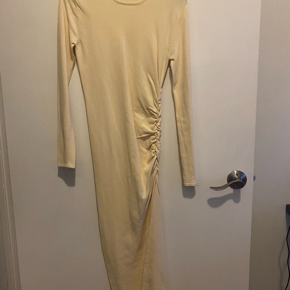 Zara Cream Bodycon Dress with Long Sleeves and Asymmetrical Ruched Detail